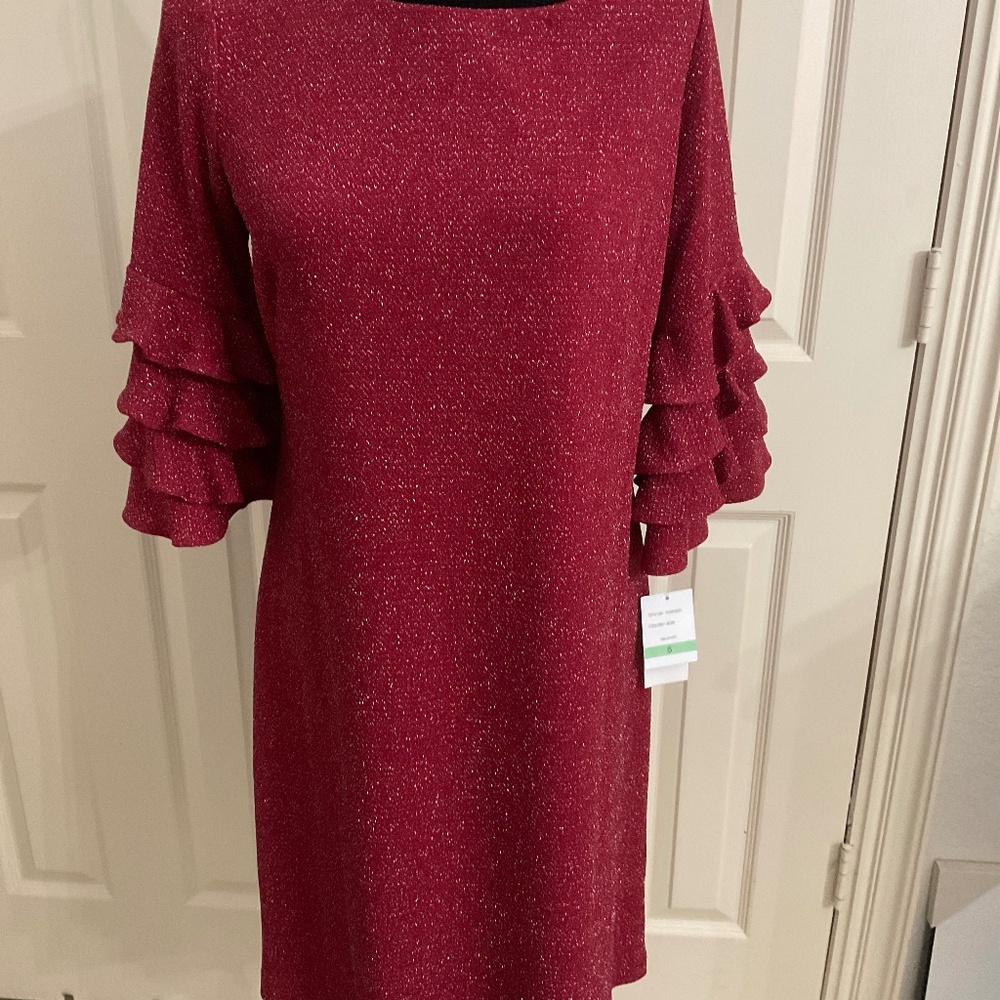 Holiday cocktail sparkle metallic dress ruffle sleeves